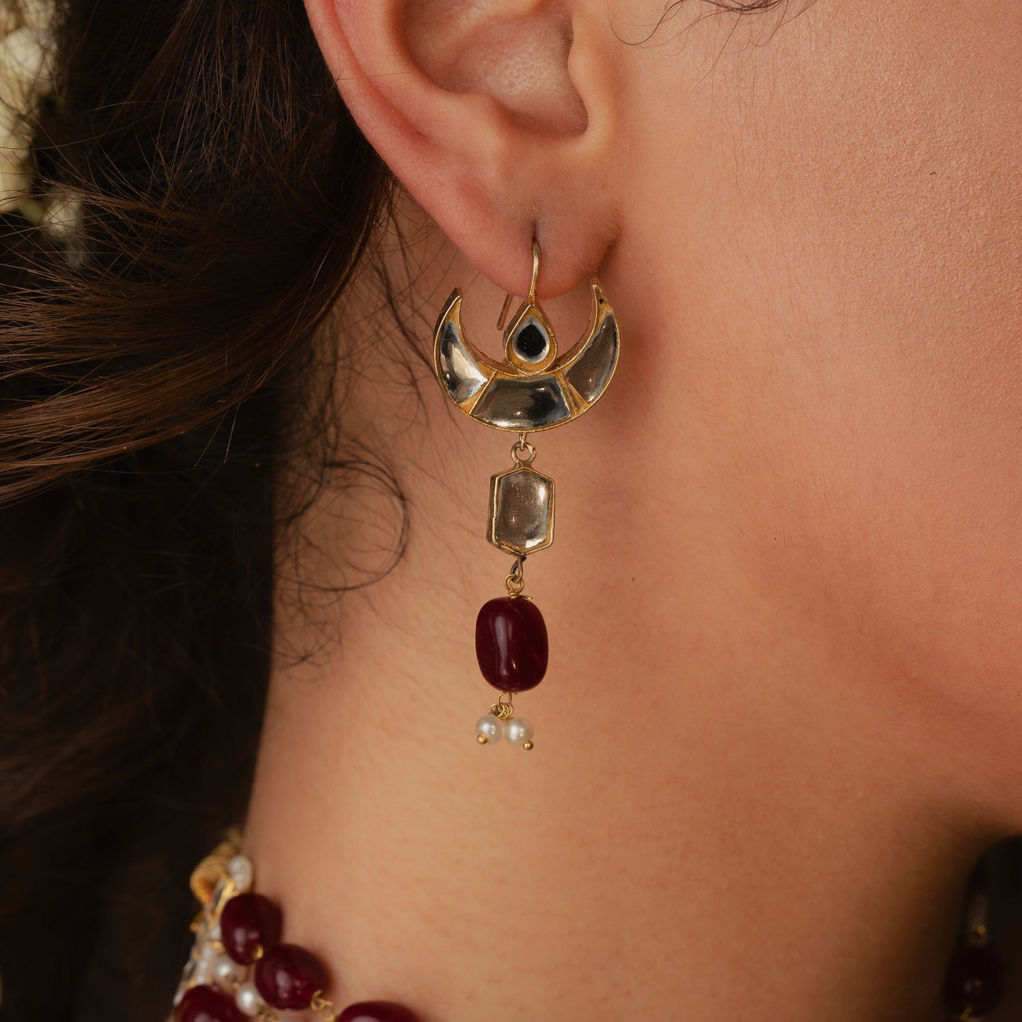 Crescent maroon earrings